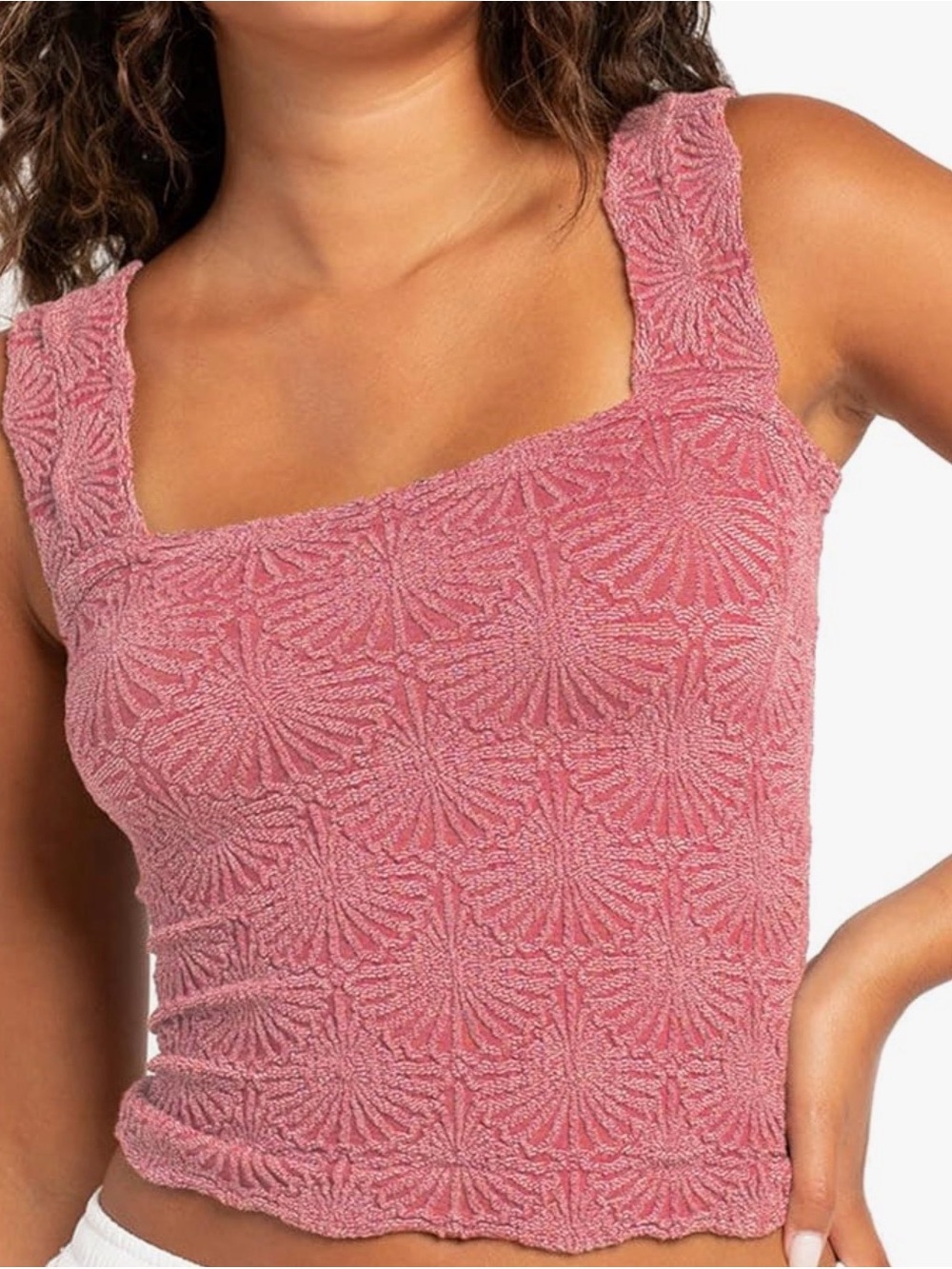 Textured Pink Square-Neck Tank Top